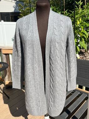 Tahari Women's Pure Luxe 100% Cashmere Gray Cable Knit Open Cardigan Sweater XS